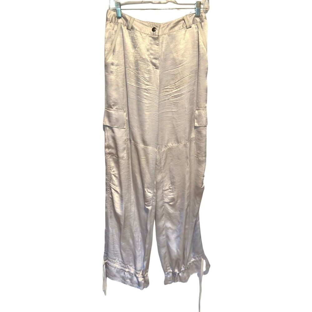 Pazo Silver Satin Cargo Pockets Ankle Drawstring Pants Sz 6 NWoT Shimmer